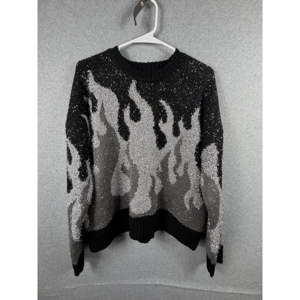 Forever 21 Sweater Juniors Medium Black Flame Graphic Metallic Knit Pullover